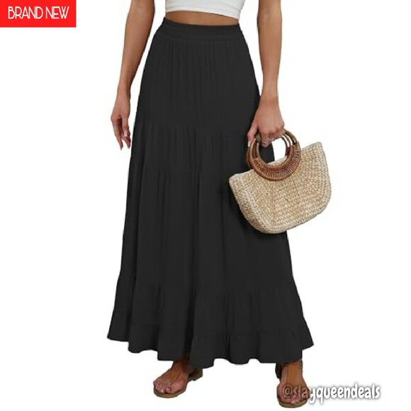Maxi Skirt Elastic High Waist Tiered A-Line Flowy Boho Long - Picture 2 of 8